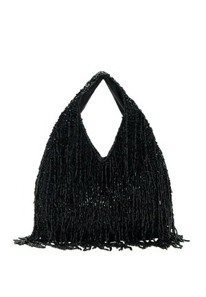 Sac à main noir orné de perles avec une poignée triangulaire et des franges décoratives, conçu pour être porté à la main ou à l'épaule.