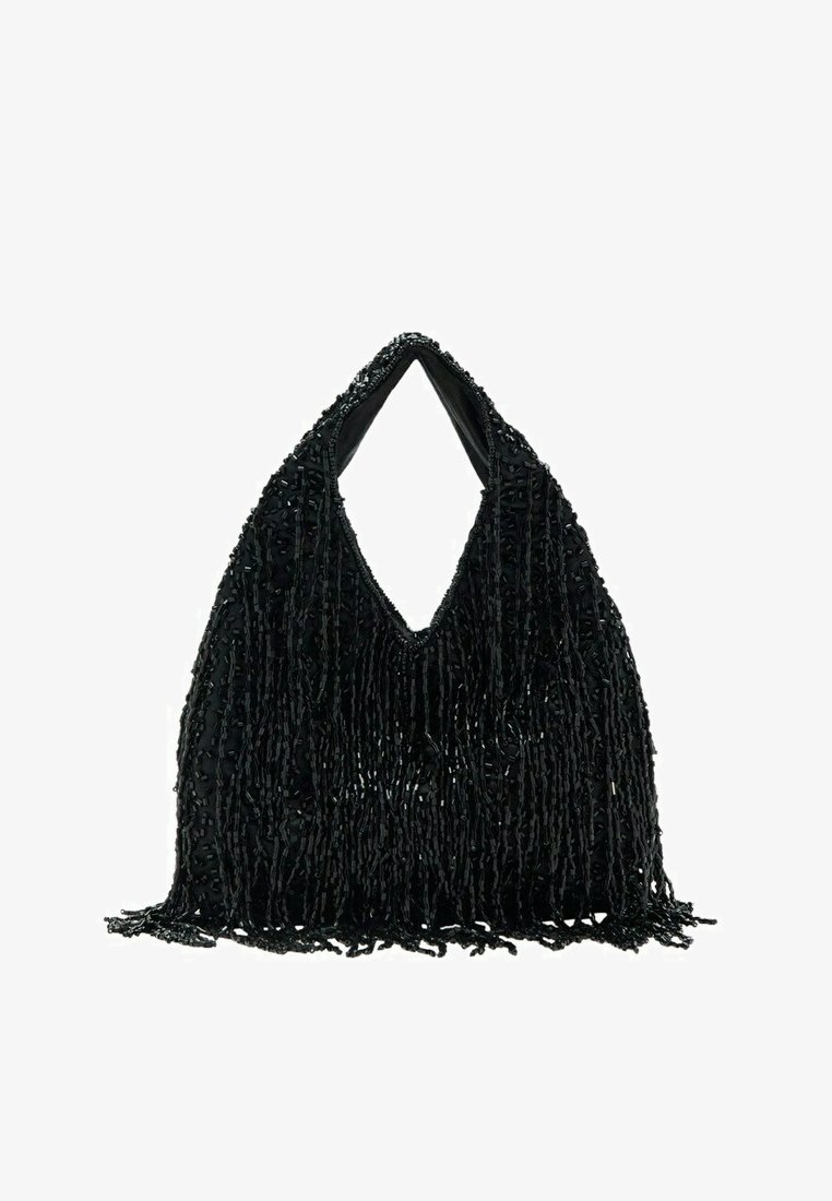 Sac à main noir orné de perles avec une poignée triangulaire et des franges décoratives, conçu pour être porté à la main ou à l'épaule.