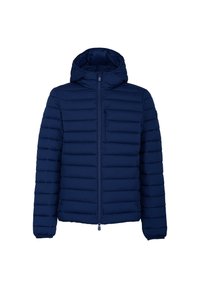 Giacca puffer blu navy con cappuccio, con motivo a righe orizzontali, chiusura frontale con zip e polsini elasticizzati. Leggera e isolante.