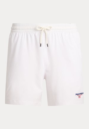 Biele plavecké kraťasy s elastickým pásom a sťahovacou šnúrkou, s malým logom Polo Sport Ralph Lauren a vlajkou na ľavej nohe.