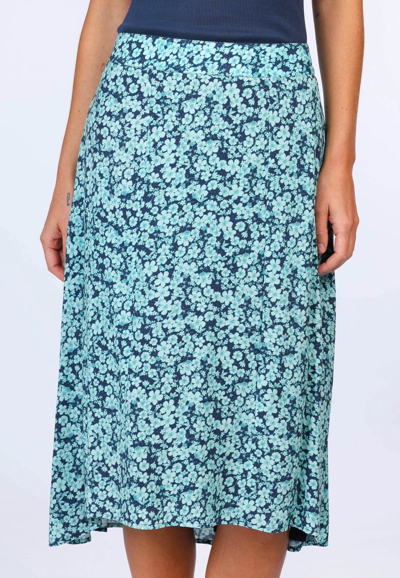 Floral midi skirt in navy blue with light blue flowers, made of soft fabric with a smooth texture, featuring a comfortable elastic waistband.