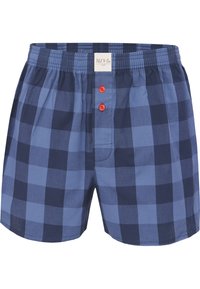 Boxers à carreaux bleus présentant un mélange de carrés bleus clairs et foncés, une taille élastique et deux boutons rouges sur le devant.