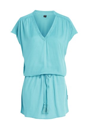 Lys blå kortærmet tunika med V-hals, snøre i taljen og frynse detaljer. Fremstillet af blødt, let stof.