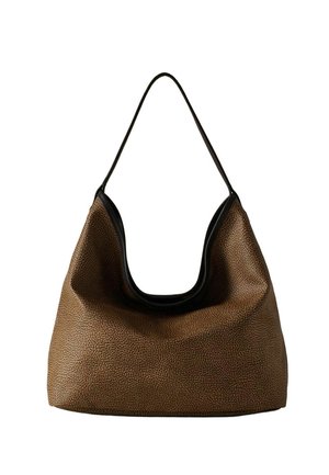 Borsa hobo in pelle marrone testurizzata con rifinitura nera e una tracolla singola, caratterizzata da una forma morbida e morbida.