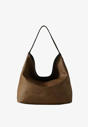 Borsa hobo in pelle marrone testurizzata con rifinitura nera e una tracolla singola, caratterizzata da una forma morbida e morbida.