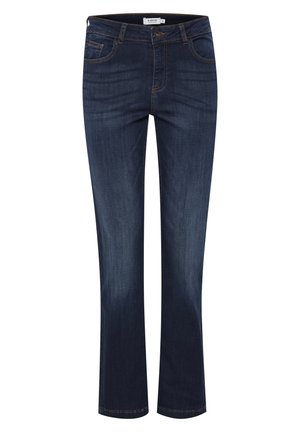 Tumedat sinised denimid, sirge jala disainiga, viie taskuga ja erineva niidiga õmblustes. Pehme tekstuur ja klassikaline sobivus.