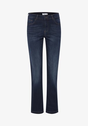 Tumedat sinised denimid, sirge jala disainiga, viie taskuga ja erineva niidiga õmblustes. Pehme tekstuur ja klassikaline sobivus.