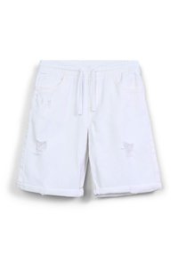 Shorts in denim bianco dal fit rilassato, con orli sfrangiati, due tasche frontali e dettagli distressati sul tessuto. Vita regolabile.