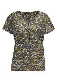 T-Shirt mit floralem Muster in Dunkelgrau, mit kurzen Ärmeln, V-Ausschnitt und leichtem Stoff, der komplizierte Details in Gelb und Pink aufweist.