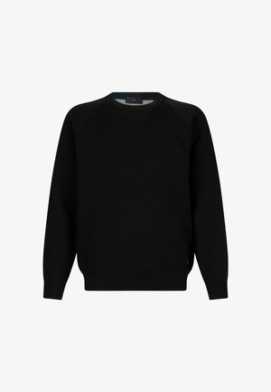 Črna majica s dolgimi rokavi in raglan rokavi. Narejena iz mehke tkanine z gladko teksturo. Ima subtilen V-šiv detajl.