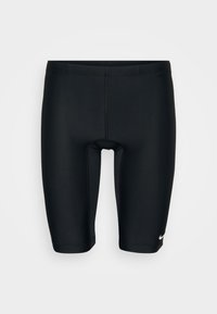 Čierne športové šortky vyrobené z hladkého materiálu, so priliehavým strihom, dĺžkou po kolená a malým bielym logom na dolnej pravej strane.