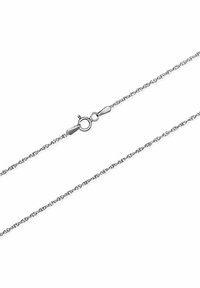 Collana in argento con un design a maglia delicato, dotata di un gancio a molla rotondo. La superficie è lucida e liscia, enfatizzando la sua finitura metallica.