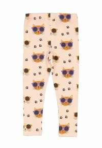 Leggings tillverkade av mjukt tyg, med en ljusrosa bakgrund som har ett upprepande mönster av katters ansikten med solglasögon och svarta tassavtryck.