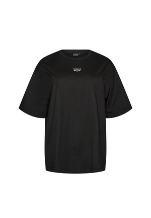 Čierne oversize tričko s krátkym rukávom a bielym textom „POWER IN MOTION“ umiestneným v strede pod líniou krku.