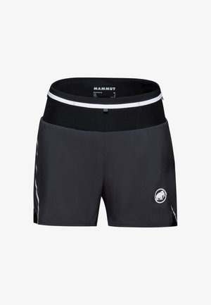 Zwarte sportshorts met een contrasterende tailleband, reflecterende piping aan de zijkanten en een wit Mammut-logo op het linkerbeen. Lichtgewicht stof.
