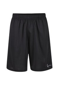 Shorts de sport noirs avec taille élastique et petit logo blanc sur la partie inférieure droite de la jambe, présentés sur fond blanc.