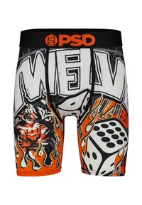 Men's boxer briefs featuring a black and white tiger graphic, flames, and dice. Made of stretchy material with a black waistband.