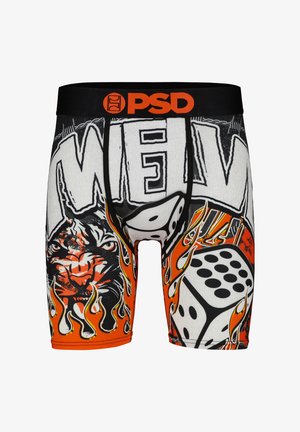 Boxer para hombre con un gráfico de tigre en blanco y negro, llamas y dados. Fabricado con material elástico y una cinturilla negra.