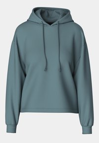 Sweat à capuche bleu-gris à manches longues avec une poche avant et des cordons, présenté sur un fond neutre.
