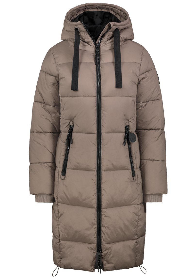 Gevoerde beige parka met een capuchon, zwarte rits en trekkoorden, twee ritszakken, geribde manchetten en een middellange snit.