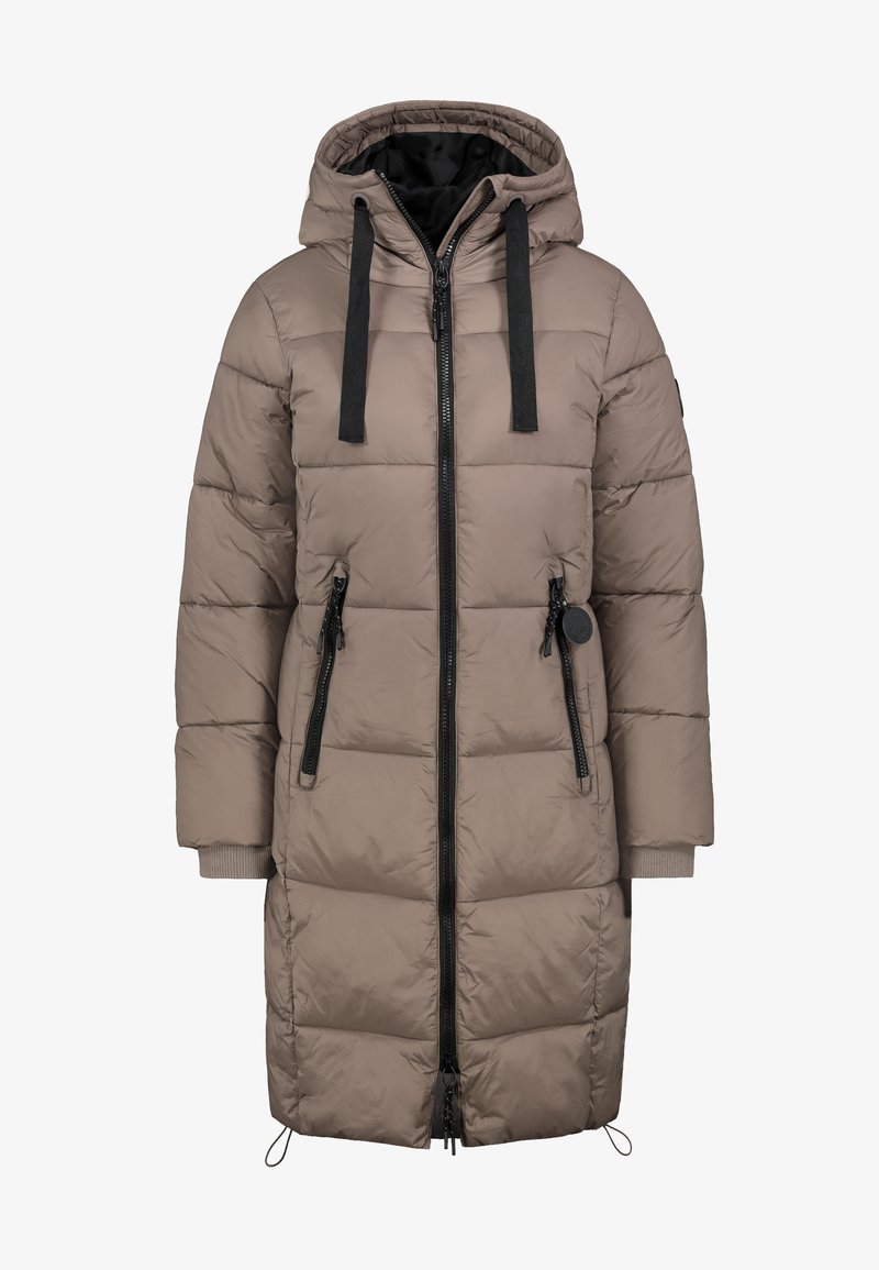 Gevoerde beige parka met een capuchon, zwarte rits en trekkoorden, twee ritszakken, geribde manchetten en een middellange snit.