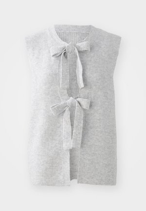 Gray, sleeveless knit vest featuring a ribbed texture and two front bow ties. Open front design with a soft, lightweight material.
