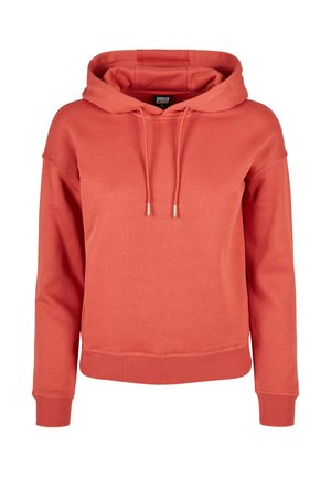 Coral hoodie with a hood and drawstrings, featuring ribbed cuffs and hem, made from soft fabric with a smooth texture.