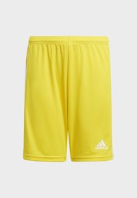 Gelbe Adidas-Sportshorts mit elastischem Bund und weißem Adidas-Logo am unteren rechten Bein, auf einem schlichten Hintergrund präsentiert.