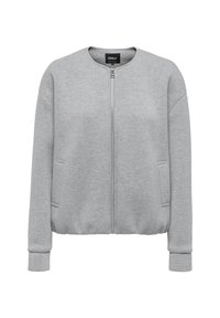 Veste sweat grise avec col rond, fermeture zippée, poches avant et poignets côtelés. Fabriquée en tissu doux et texturé.