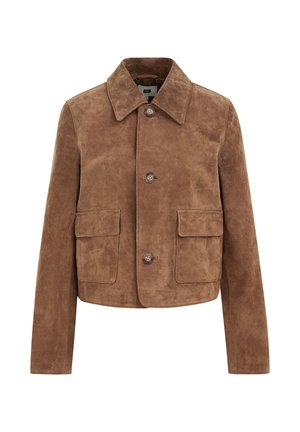 Brūna zamšādas jaka ar apkakli, priekšpusē ar pogu aizdari un divām krūšu kabatām. Raksturīga īsa piegriezuma forma un teksturēta virsma.