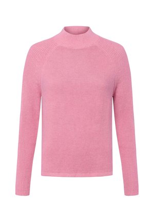 Rosa gestrickter Pullover mit hohem Kragen, langen Raglanärmeln und einem strukturierten Muster. Gerippter Saum und Bündchen, glatte Oberfläche.