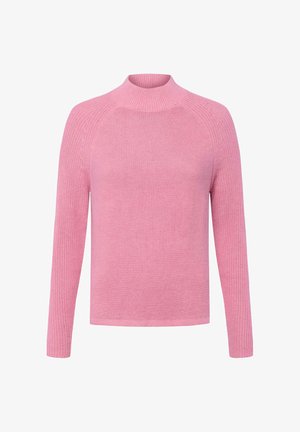 Roze gebreid trui met een hoge hals, lange raglanmouwen en een gestructureerd patroon. Ribgebreide zoom en manchet, gladde afwerking.