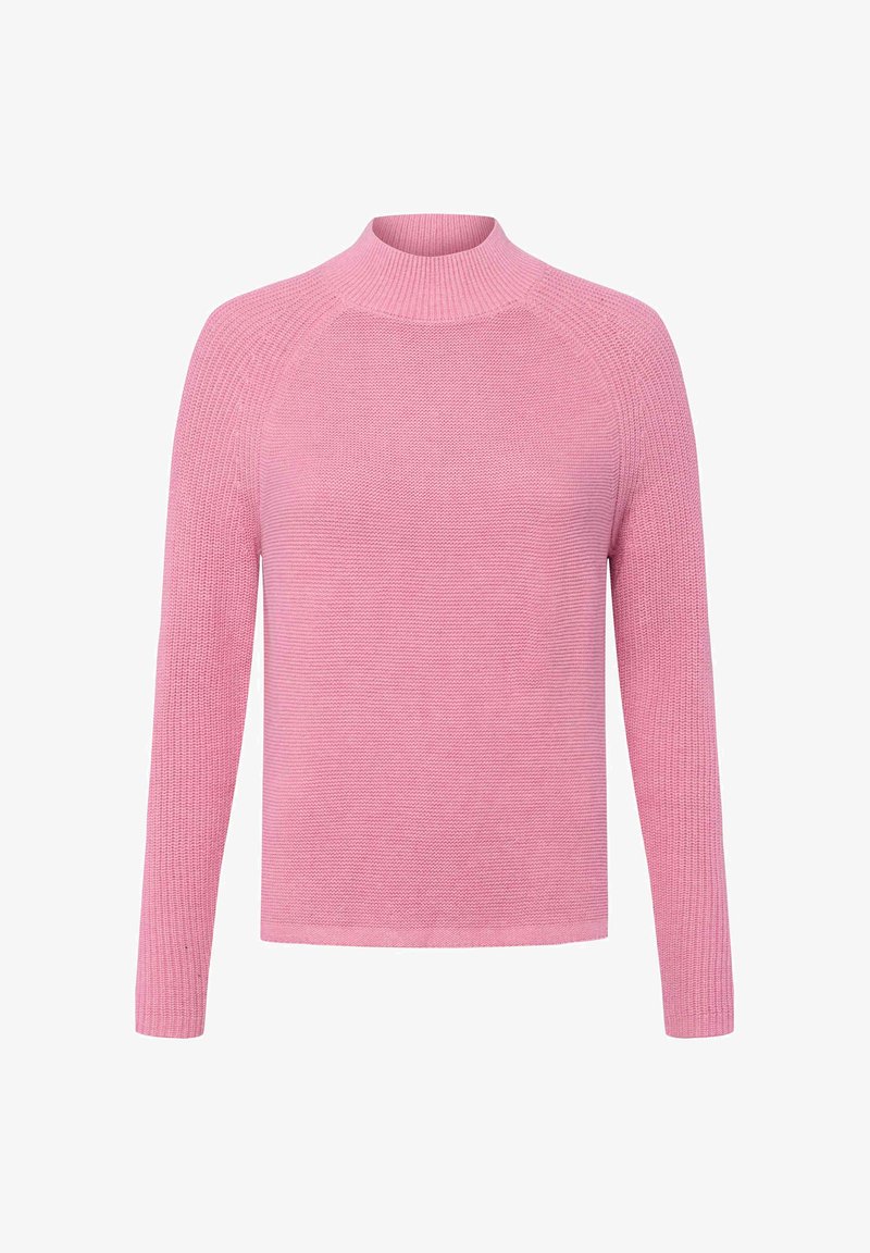Różowy sweter z dzianiny o wysokim dekolcie, długimi rękawami raglanowymi i teksturowanym wzorem. Ściągacze na hemie i rękawach, gładkie wykończenie.