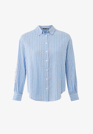 Camicia azzurra chiusa con bottoni, a righe verticali bianche, con colletto classico e maniche lunghe con polsini, realizzata in tessuto strutturato.