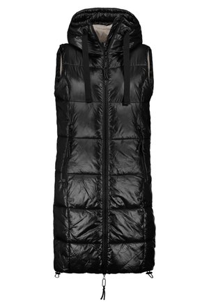 Gilet matelassé sans manches noir avec fermeture éclair frontale, capuche, cordons de serrage et poches latérales zippées.