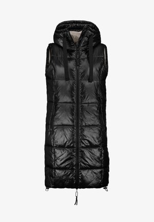 Musta hihaton toppaliivi, jossa etuvetoketju, huppu, kiristysnauhat ja vetoketjulliset sivutaskut.