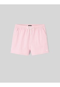 Shorts à rayures verticales roses et blanches avec taille élastique et cordon blanc, présentés à plat sur un fond gris.