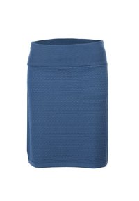 Blaue Strickrock mit breitem Bund, der über ein strukturiertes Muster und einen geraden Schnitt verfügt, eignet sich ideal für legere Anlässe.