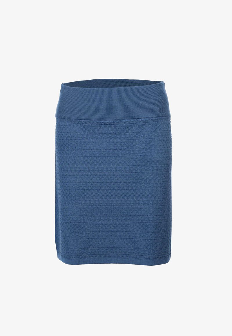 Blaue Strickrock mit breitem Bund, der über ein strukturiertes Muster und einen geraden Schnitt verfügt, eignet sich ideal für legere Anlässe.