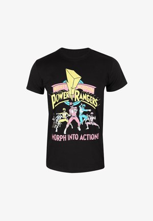 Černé bavlněné tričko s grafickým motivem "Mighty Morphin Power Rangers" v pastelových barvách, se žlutým bleskem a akčními pózami.