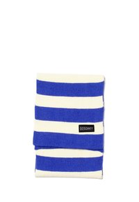 Sciarpa in maglia a righe blu e bianche ripiegata con un'etichetta rettangolare nera su sfondo bianco che riporta la scritta "GOSOAKY".