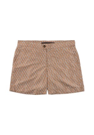 Short de bain marron avec motif losanges bleu clair et blanc, fermeture par bouton et taille élastique.