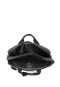 Zwarte tas met een ritssluiting, voorzien van meerdere vakken en een glad interieur. Gemaakt van duurzaam materiaal met gevoerde handvatten.