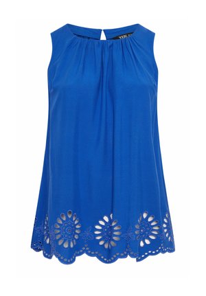 Blusa sin mangas azul real con cuello fruncido y dobladillo festoneado con patrones de bordado floral recortado.