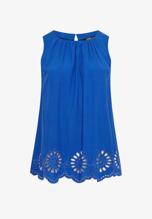 Blusa sin mangas azul real con cuello fruncido y dobladillo festoneado con patrones de bordado floral recortado.