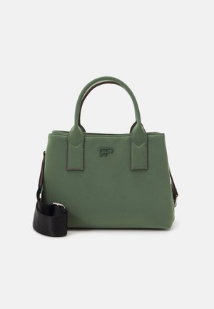 Green leather handbag with dual handles, black adjustable shoulder strap, and small embossed logo on front center.