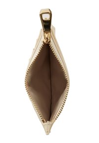 Cream-colored zippered pouch with gold hardware; features a lined interior and prominent zipper along the top edge.