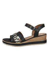 Sandales compensées en cuir noir avec détail en textile tressé, bride de cheville réglable et semelle intermédiaire texturée. Semelle extérieure en caoutchouc pour une meilleure adhérence.
