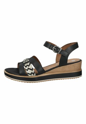 Sandales compensées en cuir noir avec détail en textile tressé, bride de cheville réglable et semelle intermédiaire texturée. Semelle extérieure en caoutchouc pour une meilleure adhérence.