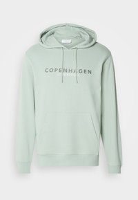 Sweat à capuche vert clair avec poche kangourou à l'avant et « COPENHAGEN LINDBERGH » imprimé en lettres majuscules sur la poitrine.